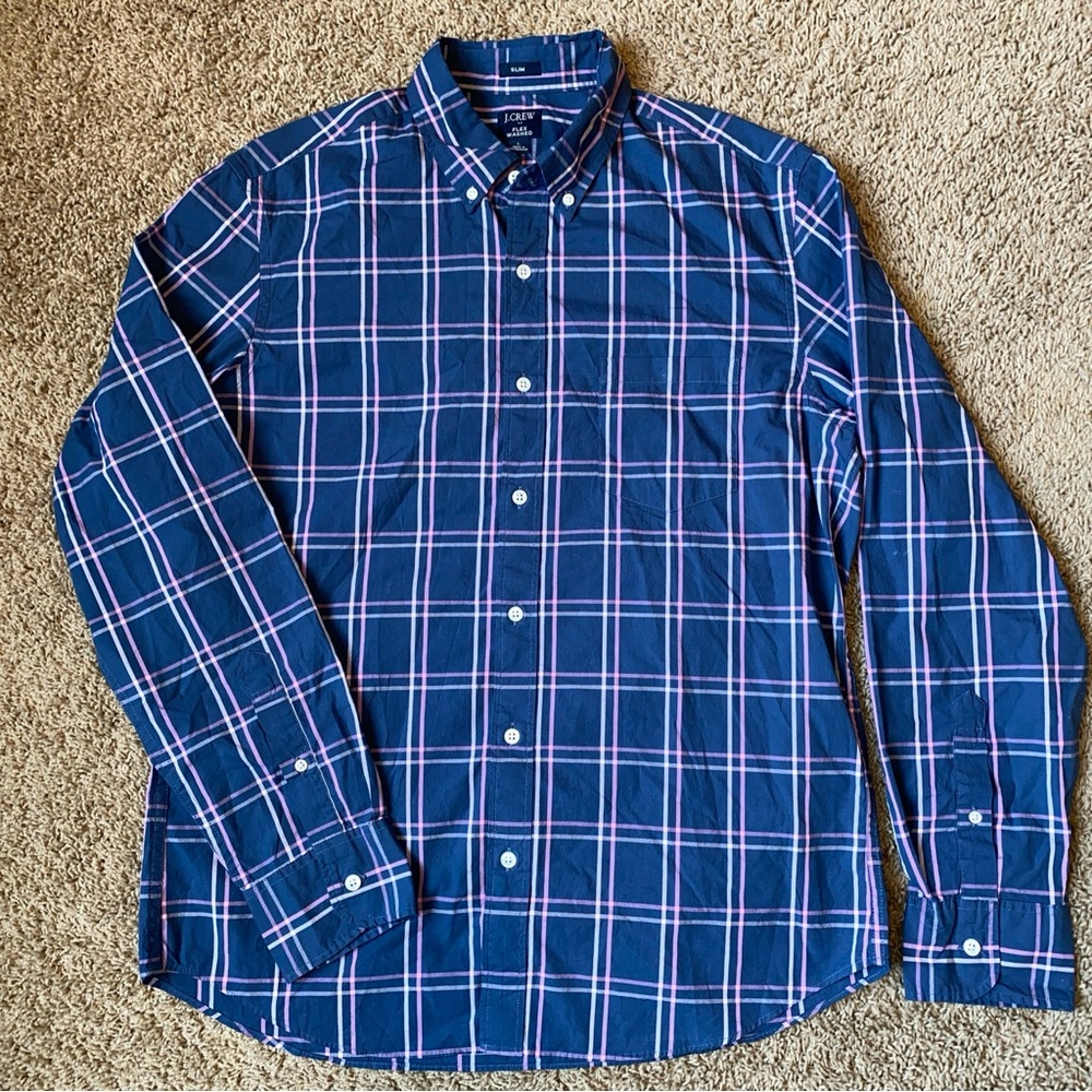 J Crew Shirt Mens Large Flex Washed Slim Fit Navy Plaid Button Up Collared NWT